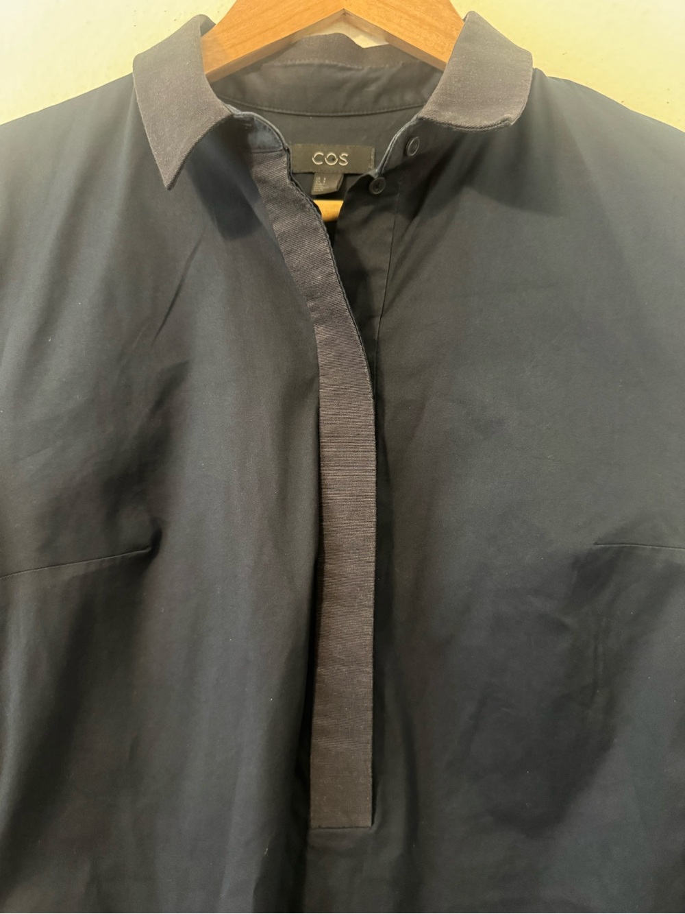 COS Navy Cotton Poplin Long Sleeve Shirt Dress Pockets Black Trim Size 6 - Picture 3 of 9